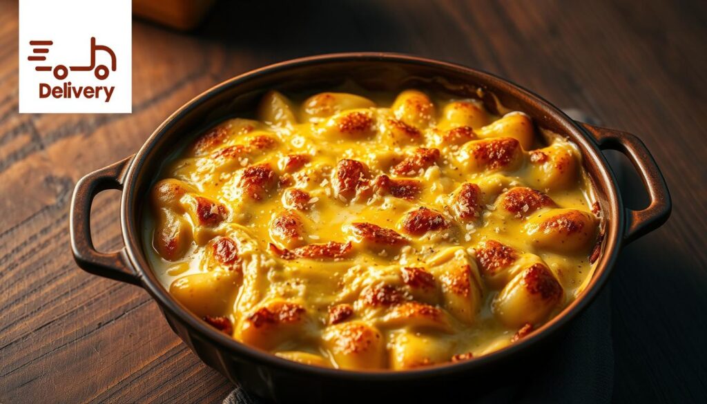A baked casserole dish filled with golden-brown gratinated cheese, a creamy sauce, and tender potatoes. The dish is presented on a rustic wooden table, with a delivery "delivery" logo in the corner. Soft, warm lighting illuminates the scene, creating an inviting and appetizing atmosphere. The texture of the cheese is detailed, with small bubbles and a slight browning on the surface. The potatoes have a crisp, golden crust, while the interior is soft and fluffy. The overall composition is balanced, with the dish taking center stage and the background providing a simple, natural setting.