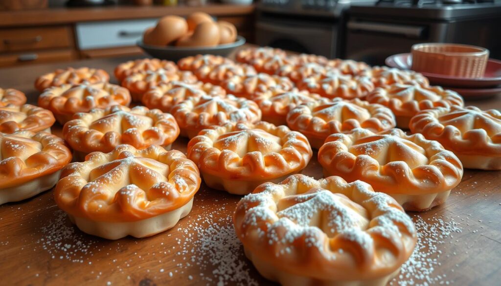 A beautifully arranged spread of freshly baked pastries, known as "pastéis assados", sits on a rustic wooden table. The golden-brown crusts glisten under the soft, diffused lighting, their flaky texture inviting you to take a bite. Intricate shapes and patterns adorn the surfaces, showcasing the skilled hands that meticulously molded and assembled these delectable treats. In the foreground, a sprinkling of powdered sugar adds a finishing touch, while the background reveals a cozy, homely kitchen setting, hinting at the love and care poured into this "delivery" of culinary delights.