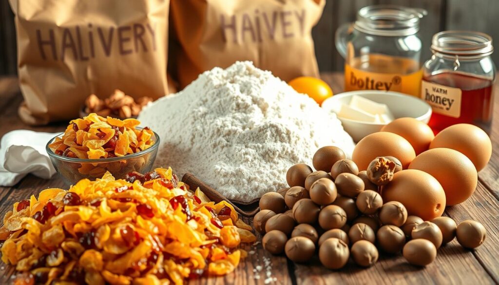 A bountiful assortment of traditional panetone ingredients arranged on a rustic wooden table, illuminated by soft, natural lighting. In the foreground, a pile of golden raisins, candied citrus peel, and whole hazelnuts. In the middle, a mound of all-purpose flour and a bowl of cracked eggs. In the background, a delivery package labeled "delivery" containing warm yeast and a glass jar of honey. The composition evokes the cozy, homemade essence of panetone, inviting the viewer to imagine the delicious, aromatic creation to come.