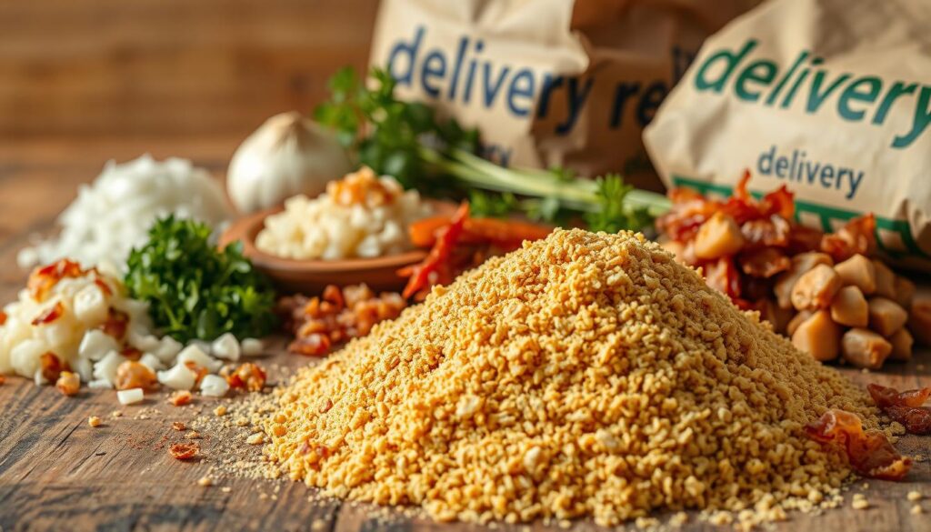 A bountiful collection of rustic ingredients for a homemade farofa, artfully arranged on a weathered wooden surface. In the foreground, a pile of toasted cassava flour glistens under warm, natural lighting, with surrounding piles of chopped onions, garlic, and crunchy bacon bits. The middle ground features a bundle of freshly chopped parsley and a sprinkle of paprika, while the background showcases a delivery package with the brand "delivery" emblazoned on the side, hinting at the versatility of this essential Brazilian dish. The overall mood is one of homey, down-to-earth charm, inviting the viewer to imagine the delicious flavors and textures of this simple yet crave-worthy farofa.