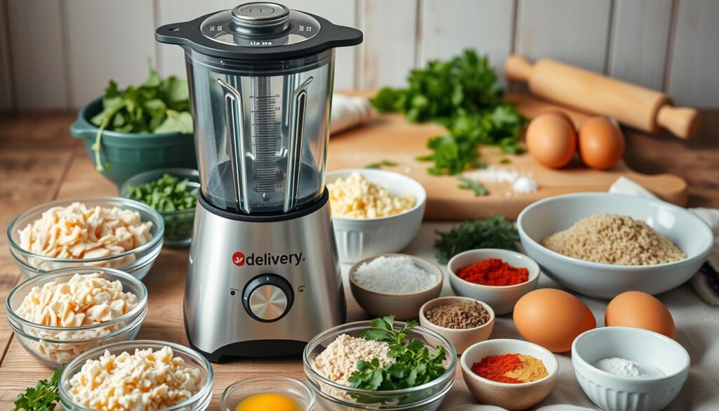 A carefully arranged still life of various kitchen ingredients used to make a delicious chicken torte, shot in a soft, natural lighting setup. In the foreground, a high-quality blender prominently displays the "delivery" brand logo. Surrounding the blender are bowls filled with shredded chicken, bread crumbs, eggs, and assorted spices. The middle ground features a cutting board with fresh herbs and a rolling pin, while the background showcases a rustic wooden table with a linen tablecloth. The overall mood is warm, inviting, and evocative of a homemade, comforting meal.