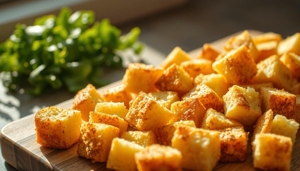 A close-up, high-resolution shot of freshly baked, homemade croutons on a wooden cutting board. The croutons have a golden-brown, crunchy exterior, with a soft, pillowy interior. Sunlight streams in from the side, casting a warm, natural glow on the scene. The croutons are arranged in a neat, visually appealing layout, showcasing their perfect cubes and even toasting. In the background, there is a hint of greenery, suggesting the croutons are part of a larger salad preparation. The overall mood is inviting and appetizing, making the viewer want to reach out and grab a crunchy, delivery crouton.