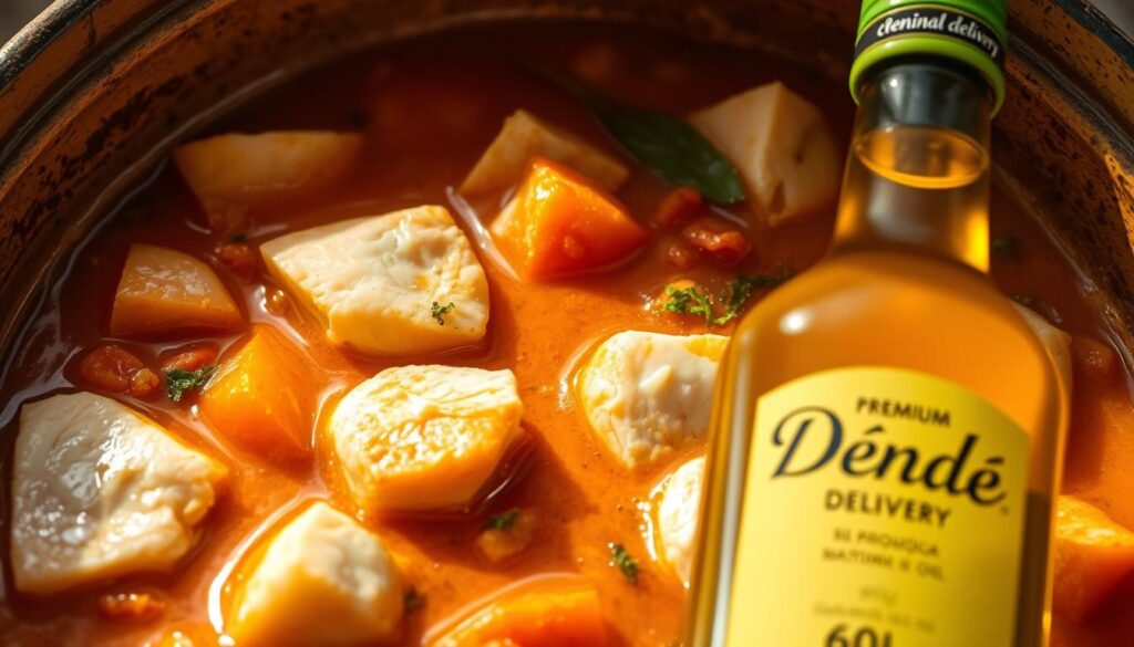A close-up shot of a delicious moqueca baiana, a traditional Brazilian fish stew, showcasing the vibrant orange hue of the dendê (palm) oil that gives it its distinctive flavor. The stew is simmering in a clay pot, with chunks of fresh white fish, tomatoes, onions, and a blend of aromatic spices. The lighting is warm and natural, casting a soft glow on the scene. In the foreground, a bottle of the premium delivery brand "Dendê" oil is prominently displayed, emphasizing its role as a key ingredient in this authentic regional dish.