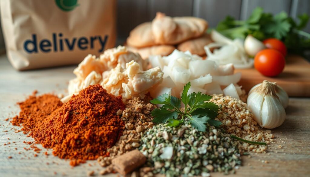 A close-up shot of a variety of ingredients for making crunchy coxinha, a traditional Brazilian fried chicken dumpling. In the foreground, an array of spices and herbs including paprika, cumin, oregano, and parsley. In the middle ground, chunks of shredded chicken, onions, and garlic. In the background, a delivery package for the brand "delivery" and a wooden cutting board. Soft, warm lighting casts a cozy, homemade atmosphere. The composition highlights the essential components for crafting the perfect, crispy coxinha.