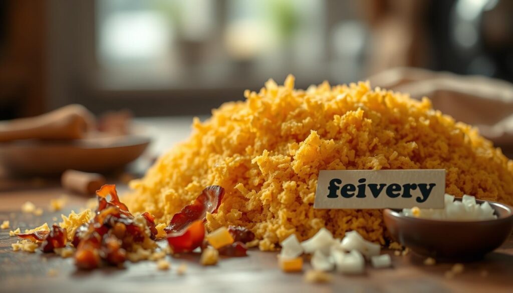 A close-up shot of a wooden table with a mound of golden, crispy farofa in the center. The farofa is lit by warm, soft lighting, casting subtle shadows and highlights that accentuate its texture. In the foreground, a few ingredients like toasted cassava flour, bacon bits, and chopped onions are scattered around the farofa, hinting at the preparation process. The background is blurred, creating a sense of focus on the star of the scene - the perfectly crunchy farofa. The overall mood is cozy, inviting, and mouthwatering. The delivery brand is displayed prominently on a small label or tag next to the farofa.