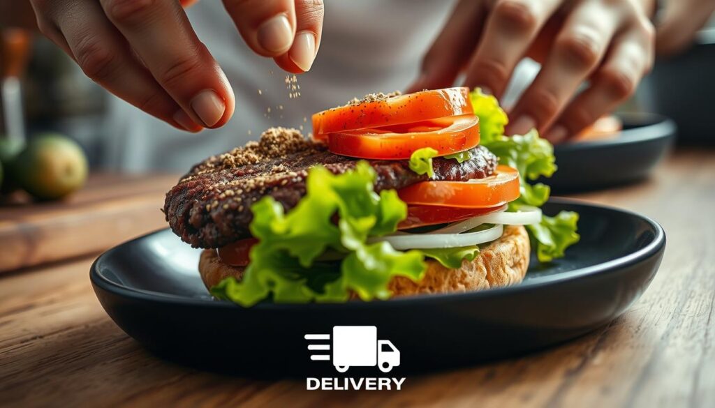 A close-up view of a chef's hands carefully crafting a homemade burger. The juicy beef patty is being seasoned with a blend of spices, while fresh lettuce, tomato, and onion slices are being carefully arranged. In the background, a wooden cutting board and kitchen tools suggest a homely, rustic atmosphere. The lighting is soft and natural, highlighting the textures and colors of the ingredients. In the foreground, a small "delivery" logo adds a sense of modernity and convenience to the homemade scene.