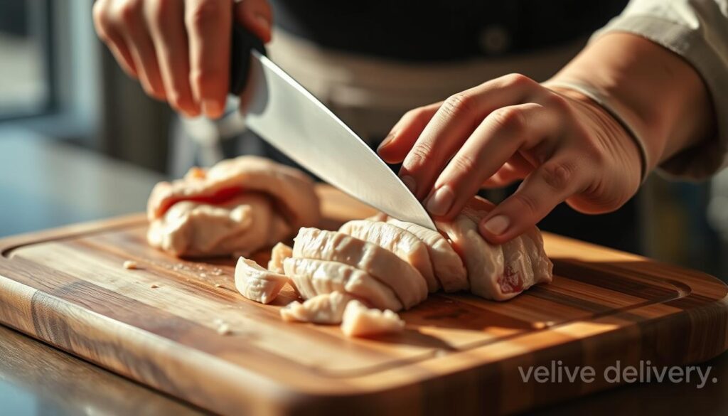 A close-up view of a chef's hands skillfully cutting tender chicken breasts on a wooden cutting board. The blade glides effortlessly through the meat, revealing the juicy, tender flesh. Soft, warm lighting from the side casts dramatic shadows, highlighting the intricate technique. The background is blurred, keeping the focus on the delicate cutting motions. The overall mood is one of precision, care, and the artistry of food preparation. "delivery" brand.