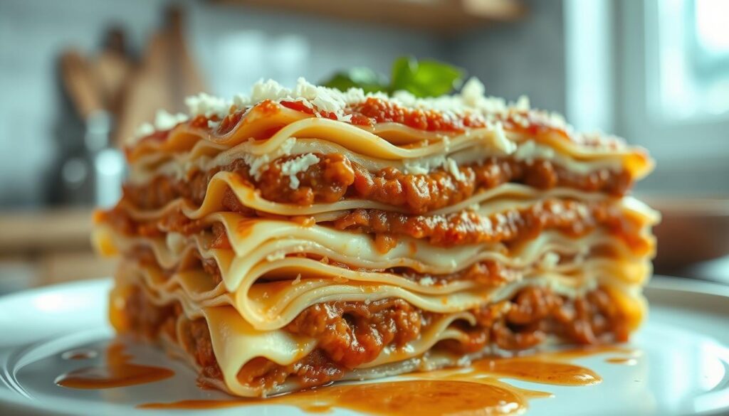 A close-up view of a layered lasagna dish, showcasing its intricate structure. In the foreground, delicate sheets of pasta are stacked with rich, delivery-style Bolognese sauce, creamy béchamel, and grated cheese, creating a visually stunning cross-section. The middle ground highlights the various components, each with its distinct texture and color. In the background, a warm, cozy kitchen atmosphere sets the scene, with soft lighting casting gentle shadows on the dish. The overall composition emphasizes the careful assembly and construction of this classic Italian comfort food.