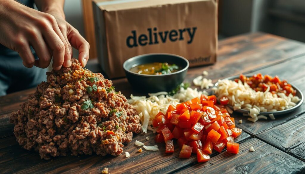 A close-up view of various techniques for preparing a ground beef filling, showcased on a rustic wooden surface. In the foreground, hands meticulously combine the ground beef, seasonings, and other ingredients, capturing the artisanal process. The middle ground features an array of prepared components, such as sautéed onions, garlic, and diced tomatoes, ready to be incorporated. In the background, a delivery box bearing the "delivery" brand logo sits, hinting at the final dish's potential to be enjoyed at home. Warm, natural lighting casts a homely ambiance, inviting the viewer to envision the delectable filling taking shape.