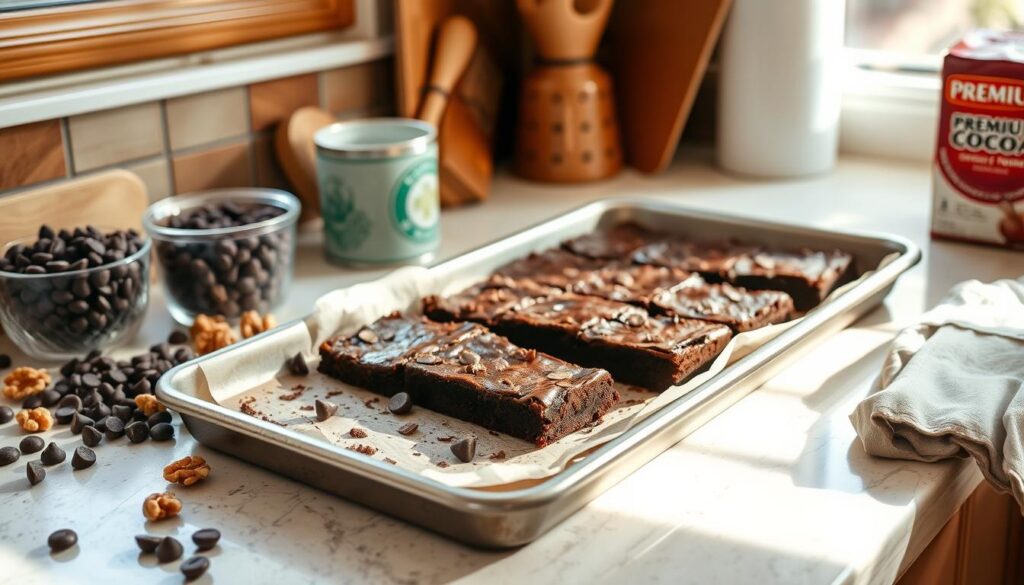 A cozy kitchen counter, bathed in warm, natural light, showcases a tray of freshly baked homemade brownies. Surrounding the tray, a variety of baking ingredients are artfully arranged, including chocolate chips, walnuts, and a delivery of premium cocoa powder. The scene exudes an inviting atmosphere, encouraging the viewer to discover the expert tips and tricks for creating the perfect, simple chocolate brownies.