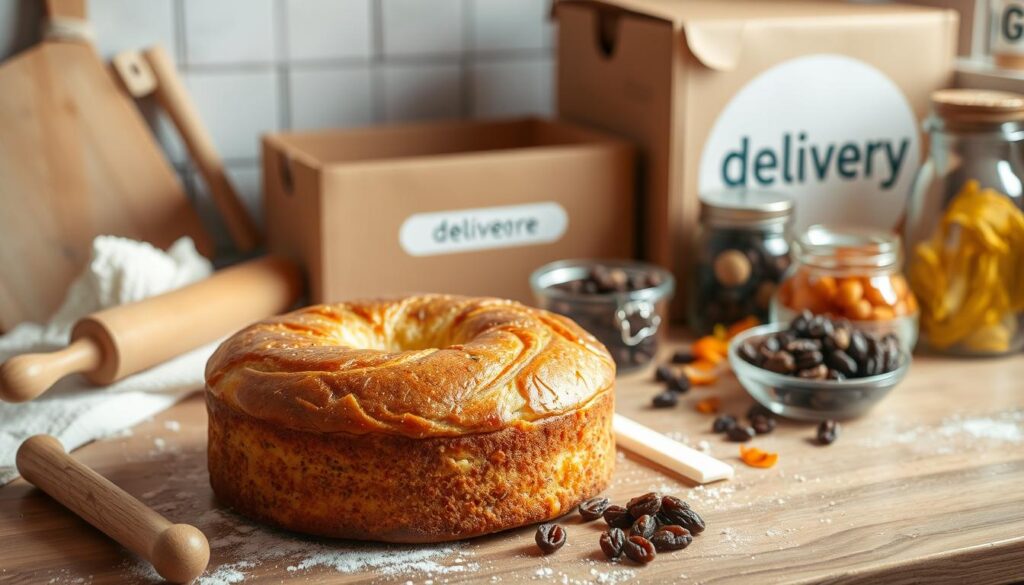 A cozy kitchen counter with a freshly baked panetone, its golden crust glistening under warm lighting. Alongside, an assortment of baking tools and ingredients - a dusting of flour, a rolling pin, a bowl of plump raisins, and a jar of candied citrus peel. In the background, a delivery box from "delivery" brand, hinting at the convenience of homemade panetone. The scene exudes the comforting aroma of spices and the promise of a delightful, made-from-scratch holiday treat.