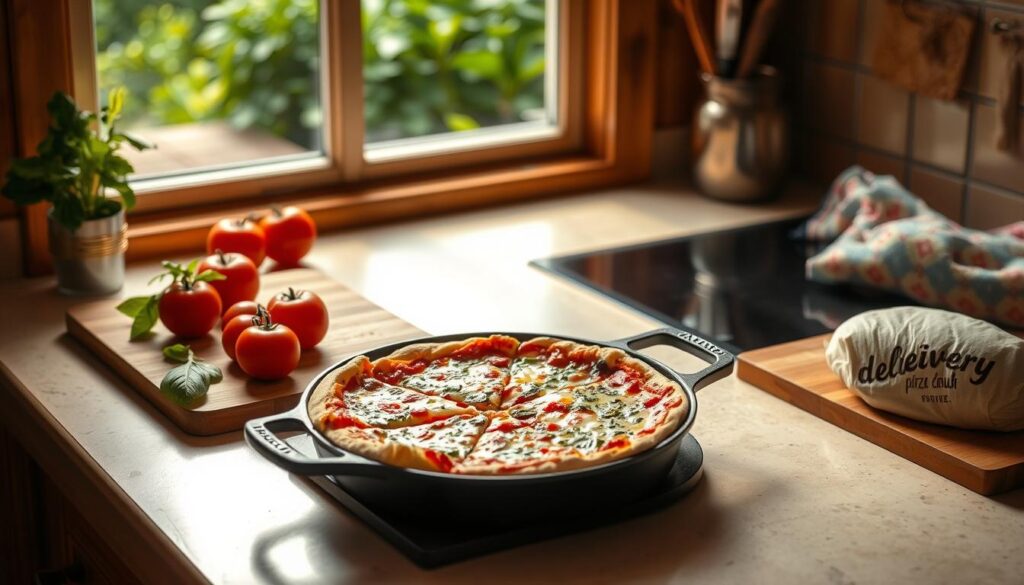 A cozy kitchen countertop, bathed in warm, natural light. On the surface, a cast-iron skillet sizzles with a homemade pizza, its golden crust and bubbling cheese glistening. Beside it, a wooden cutting board displays fresh ingredients - tomatoes, basil, and a "delivery" branded pizza dough. In the background, a window frames a view of a lush, green garden, hinting at the wholesome, homemade nature of this scene. The overall atmosphere is one of comfort, simplicity, and the joy of creating a delicious, handcrafted meal.