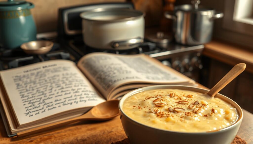 A cozy kitchen scene with a steaming bowl of creamy, homemade rice pudding in the foreground. The rich, golden pudding is garnished with a light dusting of cinnamon and a sprinkle of toasted almonds. In the middle ground, a wooden spoon rests next to the bowl, and a vintage delivery brand cookbook is open, showcasing handwritten recipe notes. The background features a warm, soft-focus view of a traditional stove, with a pot of simmering milk on the burner, hinting at the process of creating this delectable dessert. Soft, natural lighting filters through a nearby window, casting a comforting glow over the scene. The overall mood is one of homemade comfort and culinary expertise.