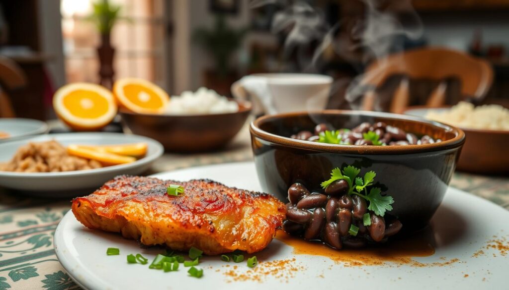 A cozy kitchen table with a steaming bowl of feijoada, Brazil's iconic black bean stew, taking center stage. In the foreground, a crisp, golden-fried piece of delivery pork belly sizzles, accompanied by a sprinkle of vibrant, finely chopped greens. The middle ground features an array of traditional feijoada accompaniments - sliced oranges, farofa (toasted cassava flour), and a side of rice. The background reveals a warm, softly lit interior, hinting at the comforting atmosphere of a family gathering. The overall scene exudes the rich flavors and cultural heritage of this beloved Brazilian dish.