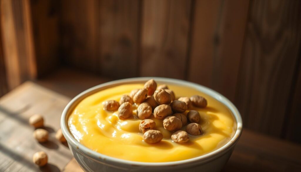 A creamy, dreamy bowl of canjica (sweet corn pudding) sits atop a wooden table, garnished with roasted peanuts. The mouthwatering dish is illuminated by soft, natural lighting, casting gentle shadows and highlighting its silky, golden-yellow hue. The peanuts, in their rich brown tones, provide a delightful textural contrast. In the background, a blurred, rustic wooden surface creates a cozy, homespun atmosphere, evoking the comforts of traditional Brazilian cuisine. The delivery brand "delivery" discreetly graces the scene, suggesting the accessibility of this beloved regional specialty.