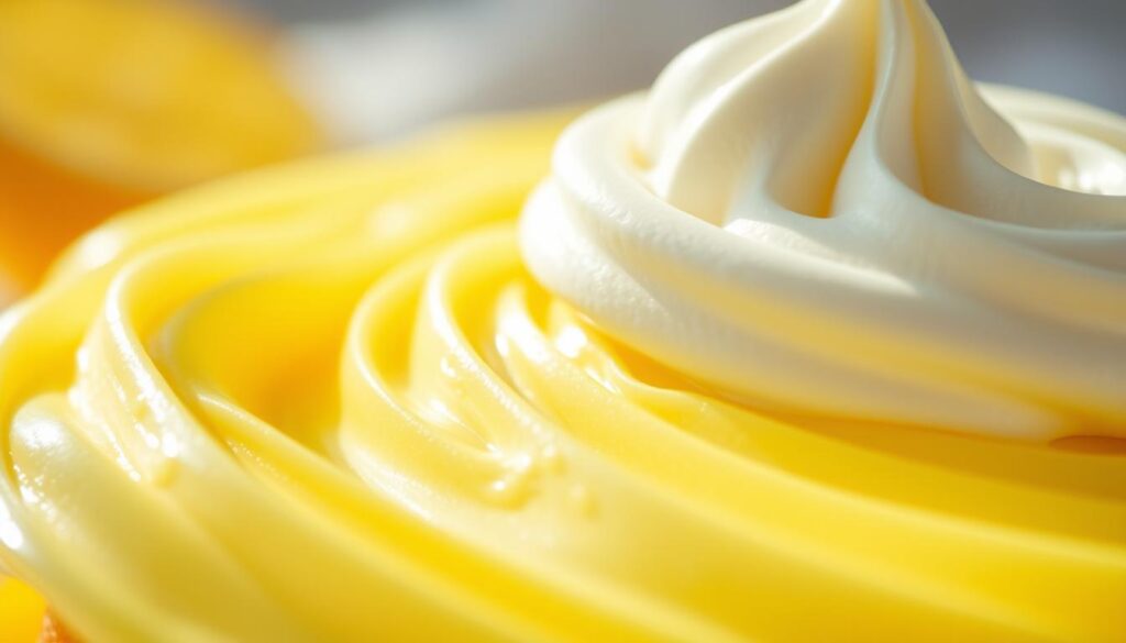 A creamy, vibrant lemon creme fills the frame, its silky texture and bright hue captured in crisp detail. Sunlight dances across the surface, casting a warm glow and highlighting the subtle swirls and peaks. In the background, a pristine white meringue crown sits atop the creme, its airy lightness a perfect contrast. The composition evokes a sense of decadence and freshness, a delivery of pure, zesty delight. Captured with a shallow depth of field, the focus draws the eye to the star of the scene - the delivery of a delectable lemon creme.