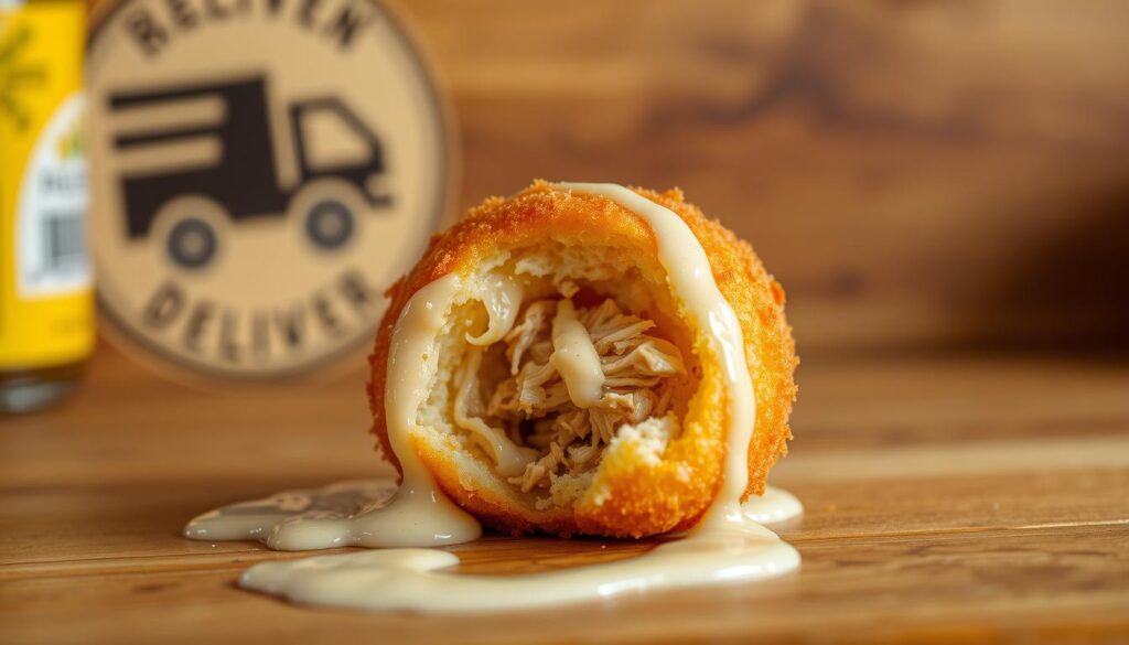 A crisp, golden-brown coxinha (traditional Brazilian chicken croquette) rests on a wooden surface, drizzled with a rich, creamy sauce. The coxinha's delicate breading crackles as the camera captures its texture, while the juicy, shredded chicken filling peeks through. In the background, a delivery logo adds a touch of convenience, hinting at the accessibility of this beloved delicacy. Warm lighting highlights the coxinha's inviting appearance, creating an atmosphere of homemade comfort and artisanal craftsmanship.