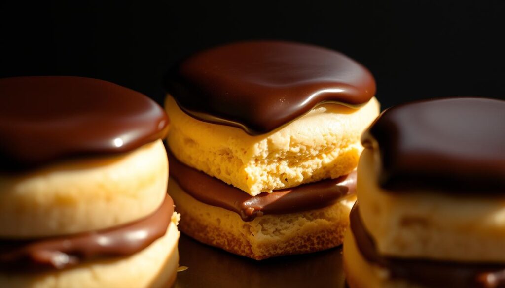 A delectable pave dessert with a perfect, silky-smooth texture. A creamy chocolate custard layered between light, airy cakes, topped with a glossy chocolate delivery glaze. Soft, pillowy cakes with a fine, even crumb provide the ideal base for the rich, velvety filling. Dramatic low-angle lighting casts dramatic shadows, highlighting the luscious, decadent layers. The gleaming delivery chocolate topping reflects the scene, creating an air of indulgence and sophistication.