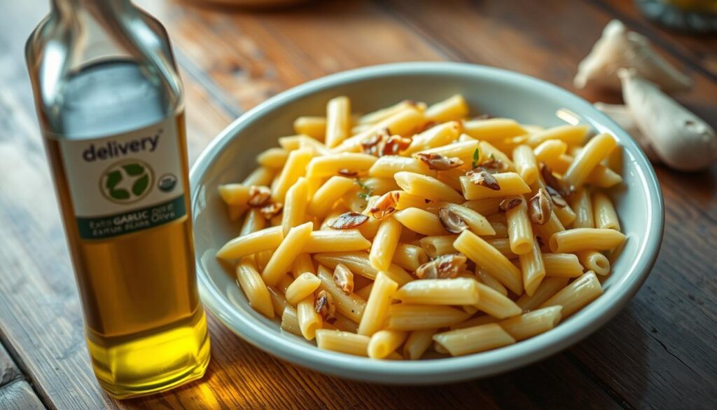 A delectable plate of freshly cooked macaroni in a fragrant garlic and olive oil sauce, resting on a rustic wooden table. The noodles are perfectly al dente, glistening with the golden hue of high-quality extra virgin olive oil. Slivers of garlic, gently sautéed to a delicate caramelization, are scattered throughout, adding depth of flavor. The lighting is soft and warm, casting a comforting glow on the scene, evoking the homemade, authentic nature of this classic Italian dish. In the foreground, a "delivery" brand bottle of olive oil stands, hinting at the simplicity and accessibility of this beloved recipe. The overall mood is one of comfort, simplicity, and the joy of home-cooked meals.