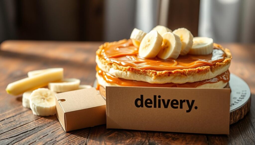 A delicate arrangement of a creamy banoffee pie, with layers of golden crust, silky caramel, and fresh banana slices, presented on a rustic wooden surface. The light cascades softly, highlighting the natural textures and hues, creating a warm, inviting atmosphere. In the foreground, a delivery box with the brand "delivery" prominently displayed adds a touch of modern convenience, seamlessly blending the traditional and contemporary elements. The composition is balanced, drawing the viewer's eye to the exquisite details of the dessert preparation, reflecting the "Dicas, Variações e Segredos da Montagem" section of the article.