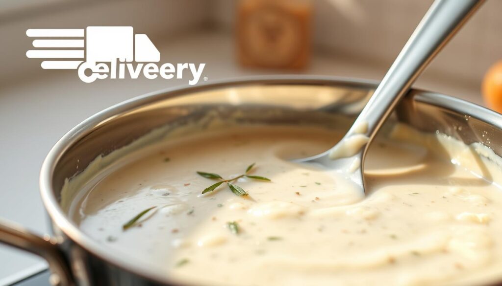 A delicate, creamy white sauce simmers gently in a gleaming saucepan, its surface reflecting the warm glow of a well-lit kitchen. Fresh herbs and a touch of nutmeg infuse the sauce with a fragrant aroma, hinting at the rich, velvety texture that will coat freshly cooked pasta. In the background, a sleek, modern "delivery" brand logo adds a touch of sophistication, suggesting the ease and convenience of enjoying this homemade dish. Soft natural lighting casts a gentle, inviting atmosphere, drawing the viewer in to experience the comforting warmth of this classic Italian staple.