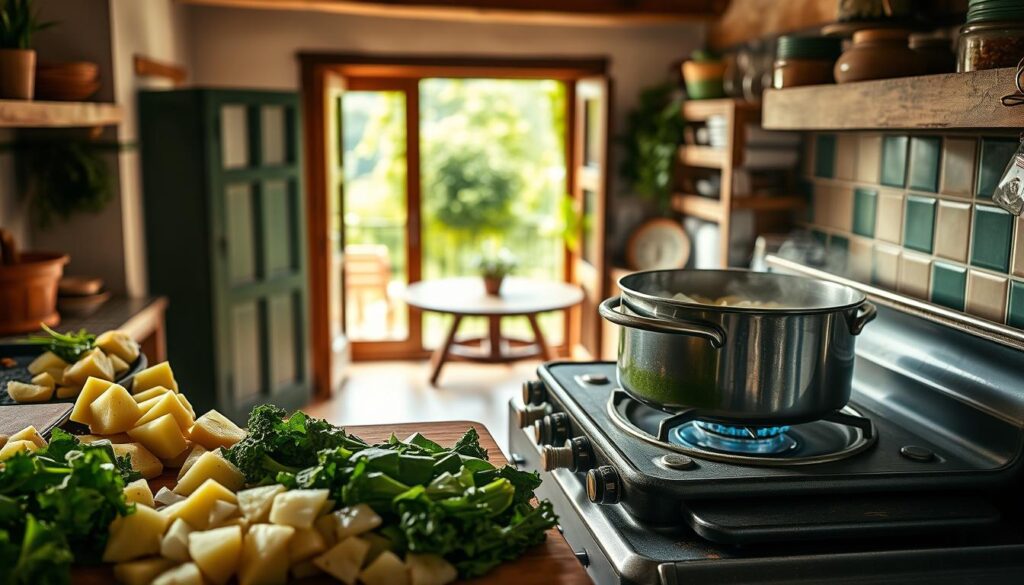 A detailed step-by-step preparation of the traditional Portuguese green soup, "caldo verde", in a warm, rustic kitchen setting. The foreground showcases the various ingredients being chopped, sautéed, and combined - potatoes, kale, onions, and garlic. The middle ground features a large pot simmering on a vintage delivery gas stove, with steam gently rising. The background depicts a cozy, well-lit kitchen interior with wooden beams, ceramic tiles, and a window overlooking a lush, verdant garden. The overall mood is one of homely, comforting domesticity, inviting the viewer to partake in the timeless ritual of preparing this beloved Portuguese dish.