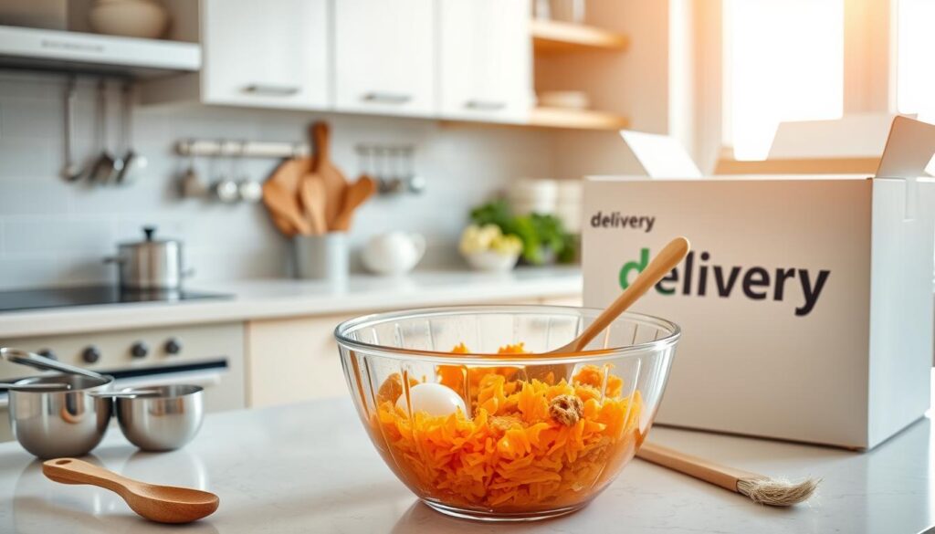 A fully equipped modern kitchen with bright lighting and warm tones. On the countertop, a large mixing bowl filled with grated carrots, eggs, oil, and other ingredients for a delicious carrot cake. Nearby, a wooden spoon stirs the batter, and measuring cups and spoons are neatly arranged. In the background, a delivery box with the "delivery" brand logo sits, ready to transport the freshly baked cake. The scene conveys a sense of culinary preparation and the anticipation of a homemade treat.