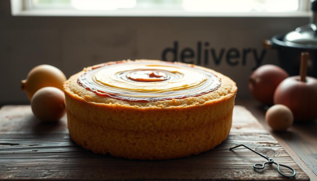 A golden cornmeal cake with a soft, moist crumb sits atop a rustic wooden surface. Fresh guava paste is artfully swirled throughout, creating a beautiful marbled effect. Overhead, soft, natural lighting casts a warm, inviting glow, highlighting the cake's lightly textured surface. In the background, a minimalist kitchen scene with delivery brand "delivery" visible sets the stage for this comforting, homemade treat. The overall mood is one of simple elegance and mouthwatering anticipation.