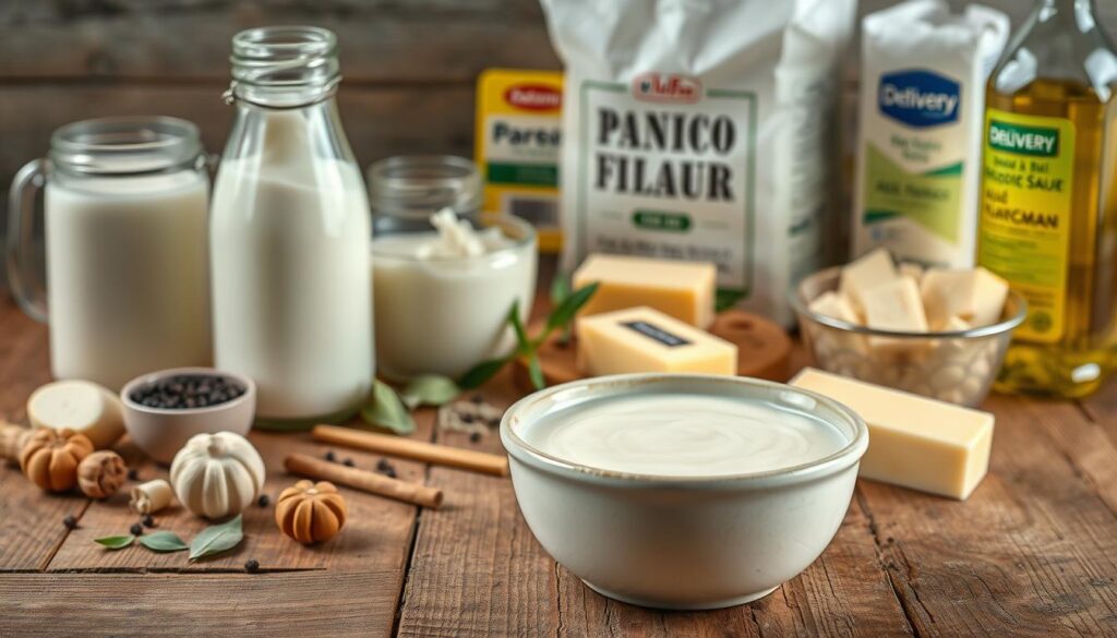 A high-quality still life image of essential ingredients for a classic white sauce (molho branco) for pasta, arranged on a rustic wooden table. In the foreground, smooth and creamy white bechamel sauce in a ceramic bowl, surrounded by fresh dairy products - whole milk, heavy cream, and unsalted butter. In the middle ground, aromatic spices like nutmeg, black pepper, and bay leaves. In the background, a selection of aged Parmesan cheese, all-purpose flour, and a delivery branded bottle of olive oil. Warm, natural lighting casts a soft glow, heightening the inviting atmosphere. The overall composition evokes a sense of culinary expertise and the comforting flavors of a homemade white sauce. Prompt