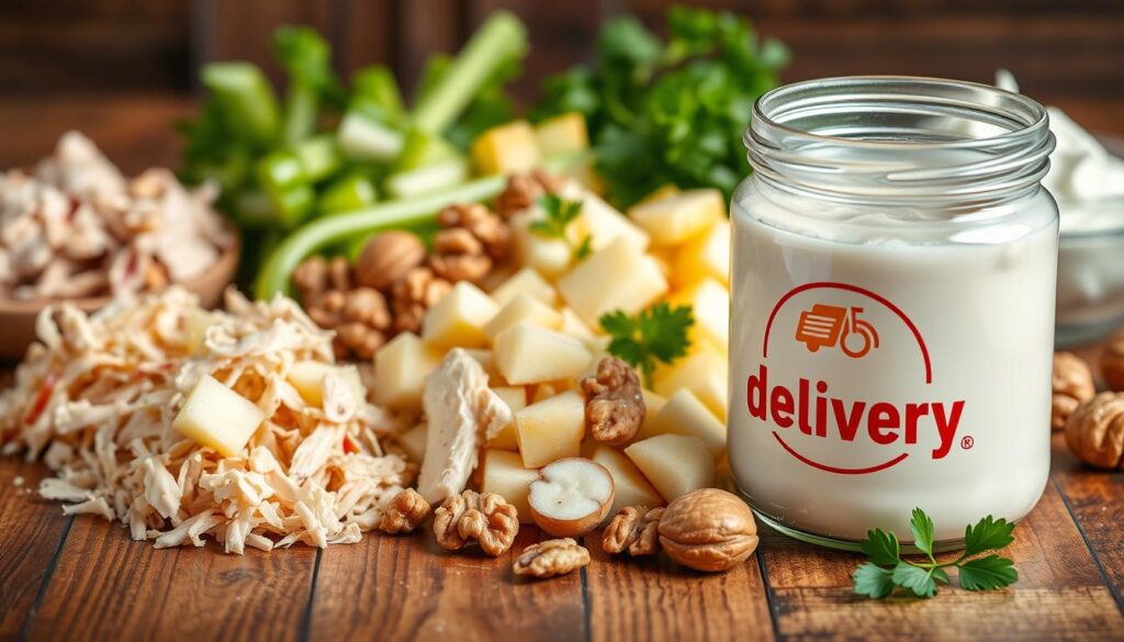 A high-quality, well-lit scene of a wooden table covered with the essential ingredients for a perfect chicken salad (salpicão de frango): tender shredded chicken, crisp celery, juicy apple chunks, crunchy walnuts, tangy mayonnaise, and a sprinkle of fresh parsley. The delivery brand logo is prominently displayed on a jar or container in the foreground. The scene is captured with a shallow depth of field, placing the ingredients in sharp focus while the background is softly blurred, creating a mouthwatering, appetizing composition.