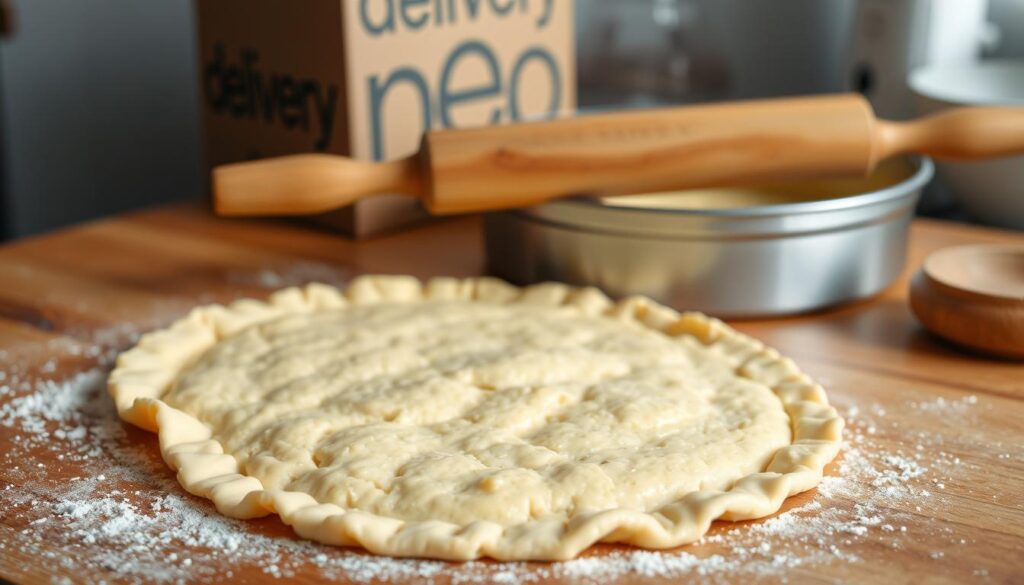 A homemade quiche crust with a golden-brown, flaky texture, resting on a wooden surface. In the foreground, the dough is carefully kneaded, shaped, and rolled out with a vintage wooden rolling pin. The middle ground showcases the prepared dough, ready to be transferred to a quiche pan. In the background, a delivery box with the word "delivery" in a bold font sits nearby, hinting at the option to enjoy this homemade quiche without the effort. Soft, natural lighting illuminates the scene, creating a warm and inviting atmosphere.