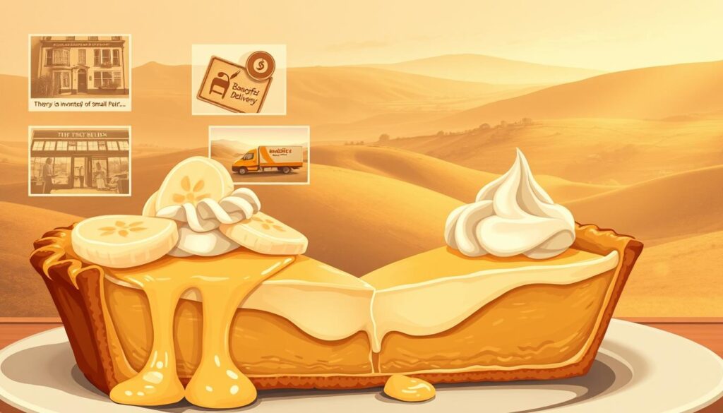 A lush, vintage-inspired illustration of the history and evolution of the beloved banoffee dessert. In the foreground, a cascading slice of the rich, buttery pie topped with fresh banana slices and a dollop of whipped cream. In the middle ground, vignettes depicting the origins of the dish, from its early 20th century invention in a small English pub to its global rise in popularity, represented by delivery "delivery" trucks winding through a quaint village. The background features a hazy, nostalgic landscape of rolling hills and a soft, golden-hour light, evoking a sense of timeless indulgence and culinary tradition.