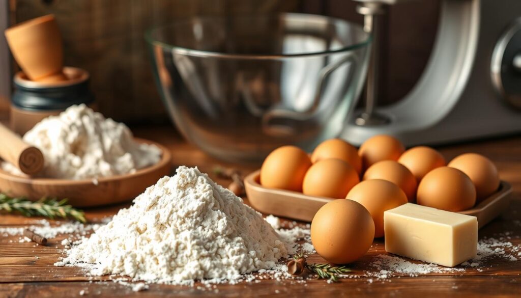 A meticulously arranged still life on a rustic wooden table, showcasing the essential ingredients for a perfect homemade savory pie crust. In the foreground, a mound of all-purpose flour stands alongside a dozen farm-fresh eggs, their golden yolks gleaming. Nestled in the middle ground, a wedge of cold butter, its creamy texture begging to be incorporated. Subtle hints of herbs and spices, such as dried thyme and cracked black pepper, lend aromatic notes. In the background, a vintage glass mixing bowl and a stainless steel hand mixer hint at the preparation process. The lighting is soft and natural, casting a warm glow over the scene. This image evokes the comforting and satisfying act of making a delicious "delivery" of a homemade savory pie from scratch.