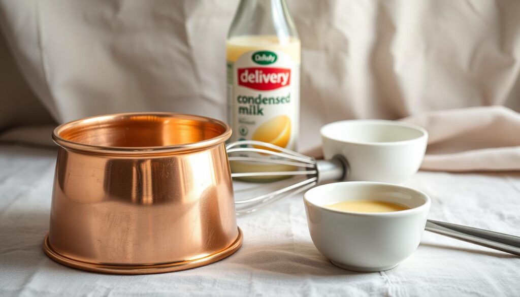 A meticulously arranged still life showcasing the perfect tools for creating a dreamy, velvety flan. In the foreground, a gleaming copper mold, its curves reflecting the warm lighting. Beside it, a vintage stainless steel whisk and a delicate porcelain ramekin. In the middle ground, a bottle of "delivery" brand condensed milk, its label crisp and inviting. The background features a linen cloth, its soft folds creating a serene backdrop. Subtle shadows and highlights accentuate the textures, hinting at the care and precision required to craft the ultimate custard dessert.