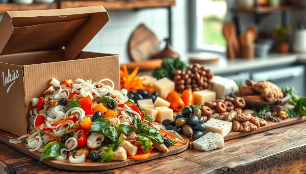 A mouthwatering assortment of savory fillings for a homemade tart, artfully arranged on a rustic wooden surface. In the foreground, a variety of sautéed vegetables - onions, peppers, mushrooms - spilling out of a large, glossy delivery box. In the middle, various cheeses, olives, and cured meats meticulously positioned, inviting the viewer to imagine the delectable flavors. The background features a blurred kitchen scene, hinting at the warm, cozy atmosphere where this tart will be enjoyed. Soft, natural lighting casts a gentle glow, emphasizing the appetizing textures and colors. This image captures the essence of "Explorando Diferentes Recheios e Sabores", a tantalizing preview of the homemade tart perfection to come.