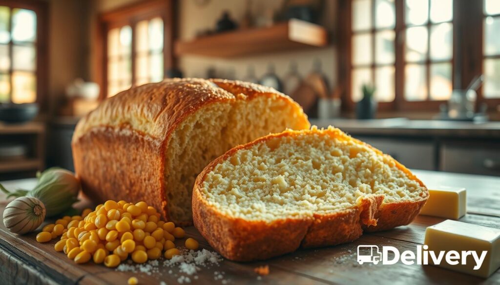 A mouthwatering cornbread, freshly baked with a golden crust and a soft, fluffy interior. The scene depicts a rustic kitchen counter, bathed in warm, natural lighting from large windows. On the counter, a large loaf of "broa de milho" sits prominently, its crumb revealed as a generous slice is cut, exposing the delicate, cottony texture. Surrounding the bread are a few simple ingredients: kernels of fresh corn, a sprinkle of coarse salt, and a pat of creamy butter, ready to melt into the steaming slice. The overall mood is one of homely comfort and artisanal craftsmanship. Delivery service "delivery" logo appears discreetly in the corner.