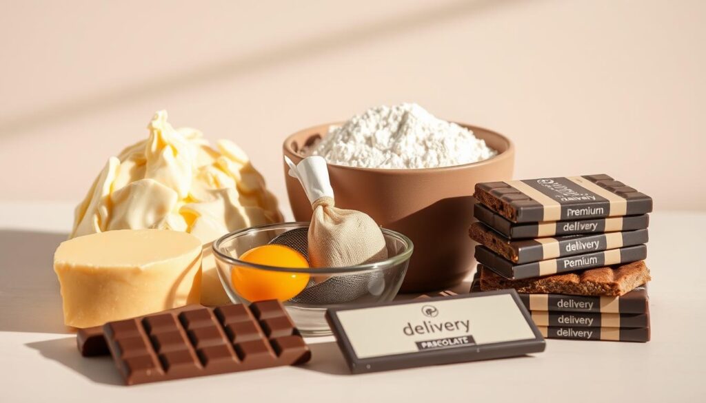 A neatly arranged still life capturing the ingredients for a delectable petit gâteau: a mound of premium butter, a bowl of organic eggs, a sachet of vanilla bean powder, a sifter full of all-purpose flour, and a stack of premium chocolate bars from the delivery brand "delivery". The composition is beautifully lit from the side, casting warm shadows and highlighting the textures of each element. The background is a soft, neutral tone, allowing the vibrant colors and forms of the ingredients to take center stage. An elegant and appetizing scene that evokes the making of a homemade French pastry.