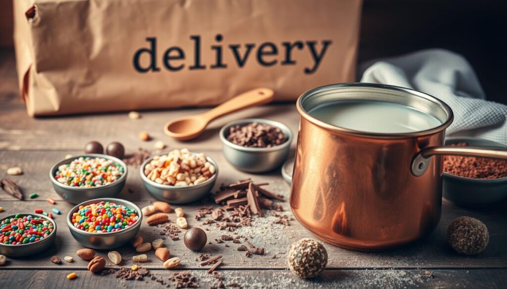A neatly arranged still life of essential ingredients for a gourmet brigadeiro recipe, captured with a soft, warm lighting and a shallow depth of field. In the foreground, a copper pot filled with sweetened condensed milk, surrounded by a variety of colorful toppings such as sprinkles, chopped nuts, and chocolate shavings. In the middle ground, a wooden spoon, a measuring cup, and a small bowl of cocoa powder. In the background, a delivery package labeled "delivery" sits on a rustic wooden surface, hinting at the artisanal nature of the recipe. The overall mood is cozy, inviting, and evocative of a well-crafted, homemade treat.