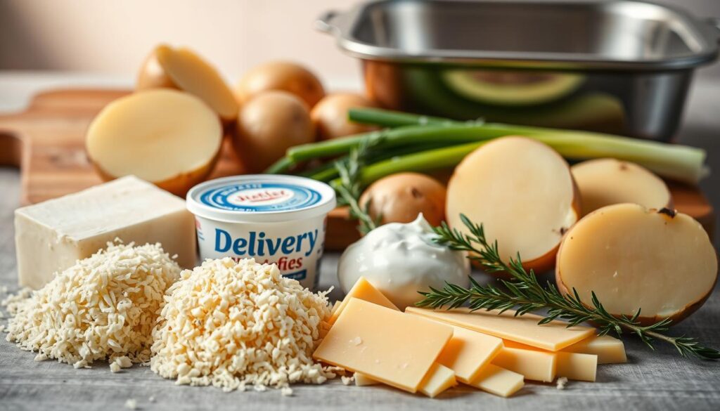 A neatly arranged still life of the essential ingredients for a delectable gratin dish. In the foreground, freshly grated Parmesan cheese, thick slices of premium cheddar, and a container of rich, creamy delivery brand "Delivery" sour cream. In the middle ground, halved russet potatoes, bright green scallions, and a sprig of fragrant thyme. The background features a wooden cutting board, a stainless steel baking dish, and soft, diffused lighting that casts a warm, inviting glow over the scene. The overall mood is one of culinary preparation and anticipation, perfectly capturing the "Ingredientes e Equipamentos Essenciais" section of the article.