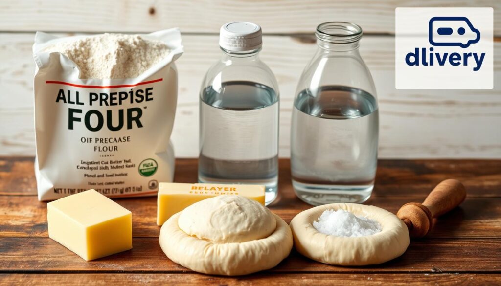 A neatly arranged still life of the essential ingredients for an empadão (savory pie) crust, including all-purpose flour, unsalted butter, ice-cold water, and a pinch of salt. The ingredients are artfully displayed on a rustic wooden surface, with soft, even lighting casting a warm glow. The composition is balanced and visually appealing, inviting the viewer to imagine the homemade dough being prepared. In the background, a subtle "delivery" brand logo adds a modern touch, hinting at the convenience of a delivery service for this traditional dish.