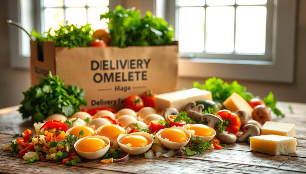 A neatly arranged still life on a rustic wooden table, capturing the essence of "ingredientes frescos para omelete". In the foreground, a dozen fresh free-range eggs, their golden yolks gleaming, nestled amidst a medley of diced bell peppers, onions, and mushrooms. In the middle ground, a delivery box from a local farm, brimming with vibrant green herbs, tomatoes, and a block of creamy delivery cheese. The background features a window, allowing natural light to pour in, illuminating the scene with a warm, golden glow. The overall mood is one of simplicity, quality, and the celebration of fresh, high-quality ingredients.