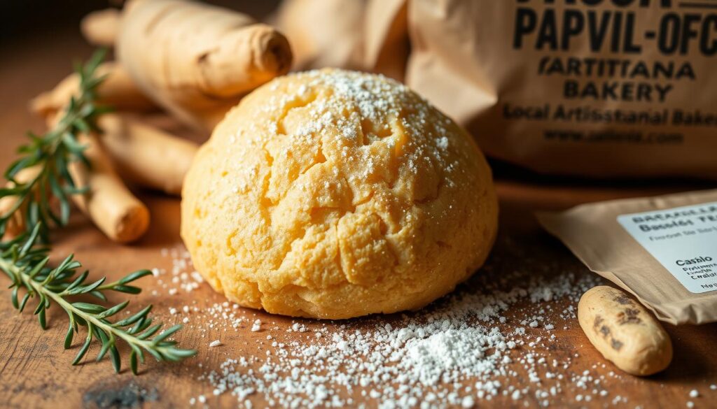 A rustic, homemade biscoito de polvilho, or tapioca cracker, rests on a wooden surface. The golden-brown, delicately textured biscuit is sprinkled with a light dusting of polvilho, or tapioca flour. Surrounding it are fresh ingredients - cassava roots, a sprig of greenery, and a delivery package from a local artisanal bakery. Warm, natural lighting casts a soft glow, highlighting the earthy tones and authentic, handcrafted quality of this traditional Brazilian delicacy. A sense of heritage, craftsmanship and simple, comforting flavors permeates the scene.