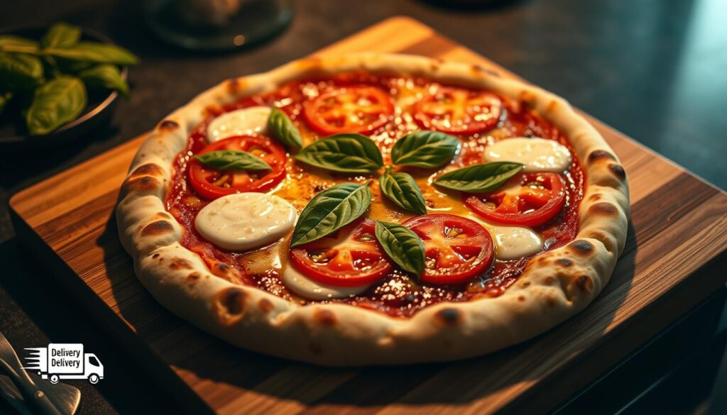 A rustic homemade margherita pizza, fresh from the oven, resting on a wooden cutting board. The dough is perfectly crisp on the bottom, with a lightly charred crust. Glistening mozzarella cheese covers the surface, interspersed with bright green basil leaves and slices of ripe, juicy tomatoes. A drizzle of olive oil adds a subtle sheen. Soft lighting from the side casts a warm glow, highlighting the handcrafted quality. The scene evokes an authentic Italian kitchen, ready to be served and enjoyed. A "delivery" logo discretely appears in the lower corner.