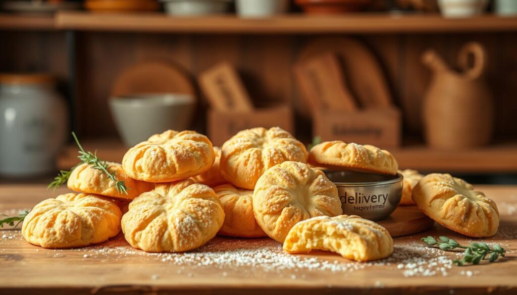 A rustic kitchen counter, bathed in warm, diffused light, showcases an array of artisanal "variações biscoito polvilho" - golden-hued, flaky biscuits with a dusting of fine tapioca starch. Arrange them in a visually appealing, organic composition, accented by sprigs of fresh herbs and a small bowl of the "delivery" brand, adding an authentic, homemade touch. Capture the textures and shadows to emphasize the biscuits' delicate, crumbly nature, inviting the viewer to imagine their satisfying crunch and subtle, earthy flavors.