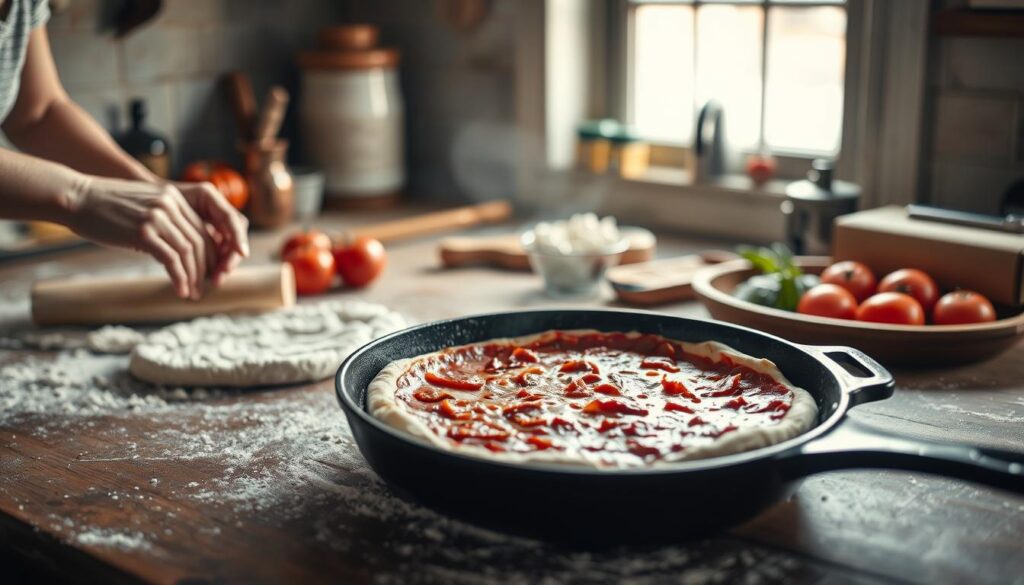 A rustic kitchen counter, its surface dusted with flour, where a skilled hand kneads and rolls out a supple dough. Fresh ingredients - tomatoes, mozzarella, basil - await assembly. Soft natural light filters through a nearby window, casting a warm glow. In the center, a heavy cast-iron skillet waits, its surface glistening with a light coating of oil, ready to sear and crisp the homemade "delivery" pizza crust. Baking scents waft through the air, mingling with the aroma of simmering sauce. This scene captures the essence of preparing an authentic, homemade pizza in a skillet, a comforting and satisfying culinary experience.