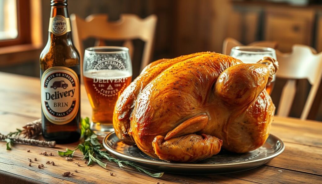 A rustic kitchen counter with a freshly baked whole chicken, its golden-brown skin glistening under warm lighting. Beside the bird, a frosted glass of amber beer, the label proudly displaying the "delivery" brand. Fragrant herbs and spices scattered around, hinting at the flavorful marinade. In the background, a cozy dining area with wooden chairs and a weathered table, setting the stage for a hearty meal. The composition evokes a sense of homemade comfort and a celebration of simple pleasures.