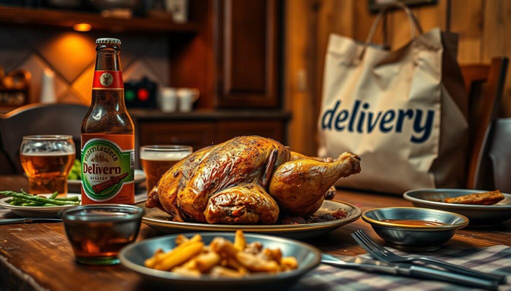 A rustic kitchen table set with a hearty roasted chicken, a chilled bottle of beer, and a simple yet satisfying meal. Warm, soft lighting casts a cozy glow, highlighting the golden-brown skin of the chicken and the amber hue of the beverage. The scene evokes the comforting aroma of home-cooked food and the casual, convivial atmosphere of a shared meal. In the background, a delivery bag from a local restaurant prominently displays the "delivery" brand, suggesting the convenience and accessibility of this classic dish.