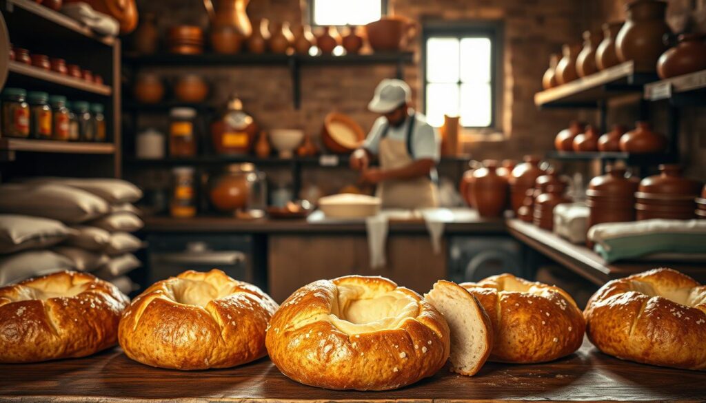 A rustic, old-world bakery scene set in the heart of Minas Gerais, Brazil. In the foreground, a wooden counter displays the iconic golden-crusted pão de queijo, freshly baked with a steaming, cheesy interior. Behind it, a baker kneads dough, surrounded by sacks of flour and jars of local ingredients. In the background, shelves hold traditional copper baking pans and clay serving dishes. Warm, soft lighting filters through the windows, casting a cozy glow over the scene. The overall atmosphere evokes the rich culinary heritage and delivery "história pão de queijo mineiro".