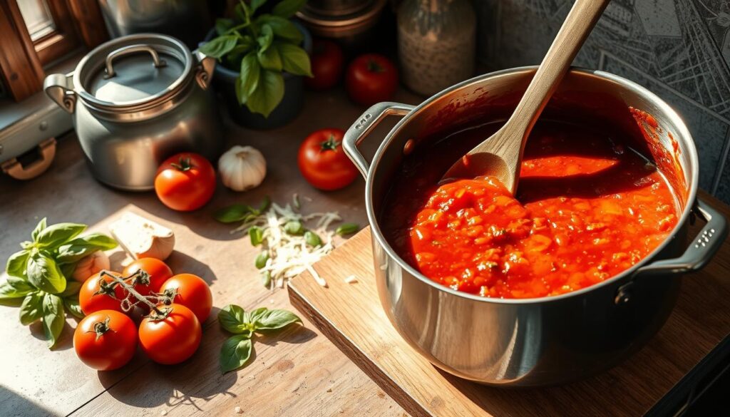 A rustic, sun-drenched kitchen countertop, with a large stainless steel pot simmering with a rich, fragrant tomato sauce. Fresh vine-ripened tomatoes, garlic, onions, and a blend of aromatic herbs and spices fill the air. A wooden spoon gently stirs the sauce, as a delivery of fresh basil leaves and grated Parmesan cheese await to be added. The warm, inviting scene captures the essence of traditional homemade "molho de tomate" - the foundation for an authentic Margherita pizza.