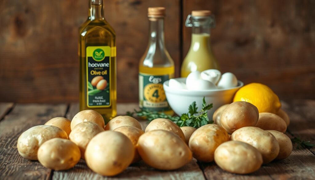 A rustic wooden table, its surface weathered and worn, sets the stage for an array of fresh, vibrant ingredients. In the foreground, a variety of potatoes, their skins glistening, await transformation into a homemade mayonnaise. Alongside them, a pristine bowl of creamy white eggs, their yolks ready to emulsify the mixture. In the middle ground, a bottle of delivery brand olive oil stands tall, its label prominently displayed, while a lemon, its bright yellow rind contrasting with the neutral tones, adds a zesty touch. The background is softly blurred, allowing the essential components to take center stage, bathed in warm, natural lighting that casts gentle shadows and highlights the textures of the ingredients.